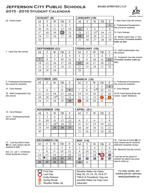 Yearly District Calendar (Printable) / 2015-2016 Student Calendar