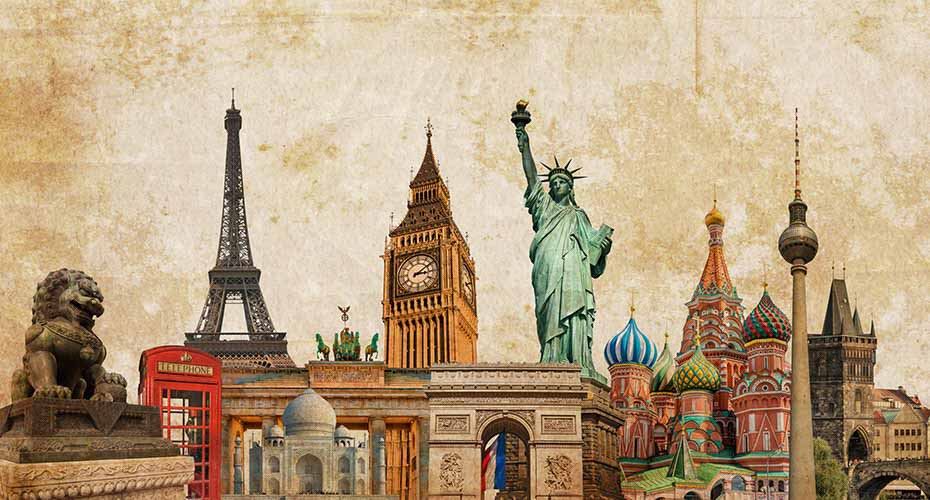Image of multiple global landmarks in a collage.