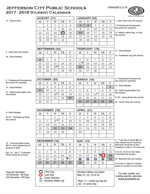 Yearly District Calendar (Printable) / 2017-18 Student Calendar